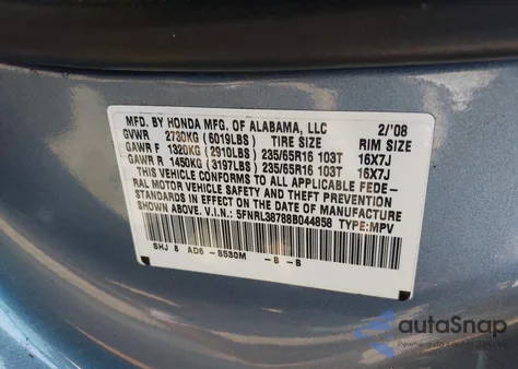 2008 Honda Odyssey Ex-L из США, поврежденный, VIN 5FNRL38788B044858